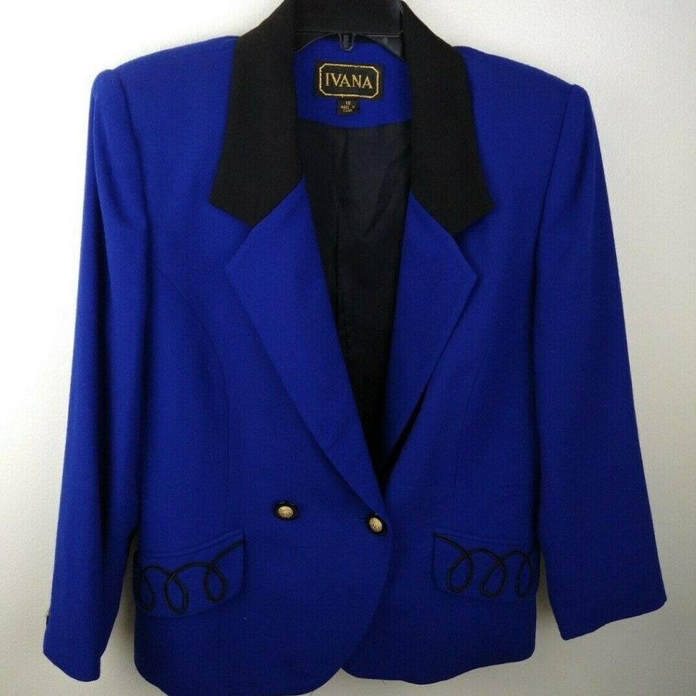 Ivana Trump Dark Blue Blazer with Black Collar and Pocket Embroidery. Size 12